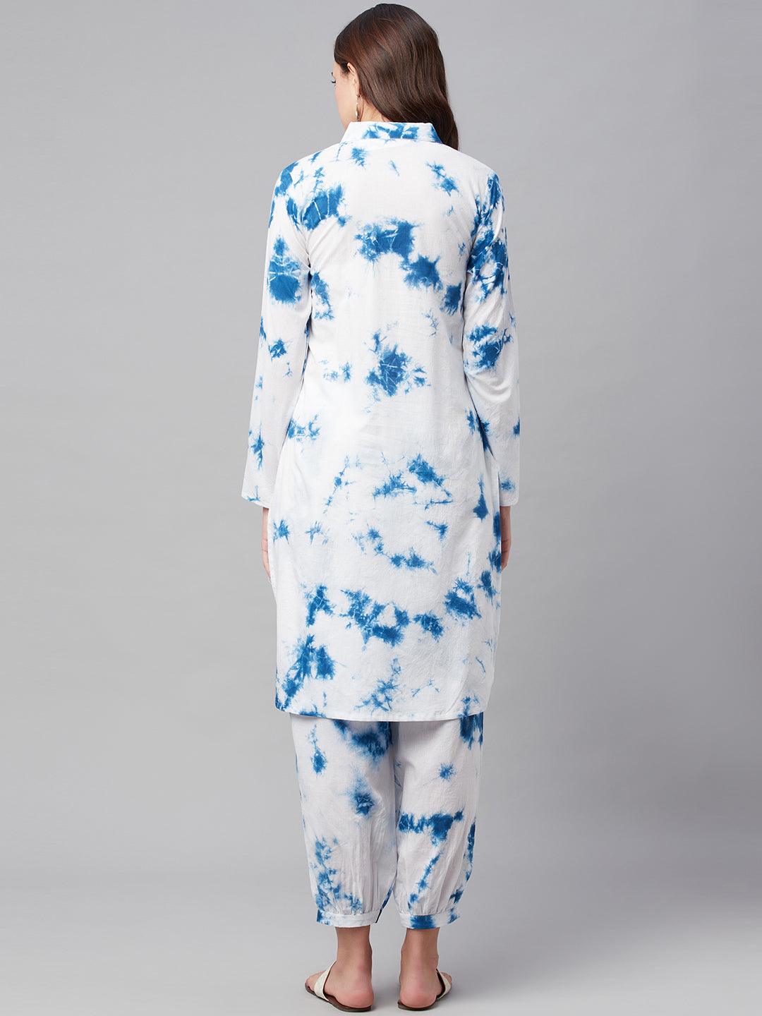 Jamal Jamaloo Blue Cotton Shirt Style Kurta Hem Cuffed Pant Set - Jamal Jamaloo