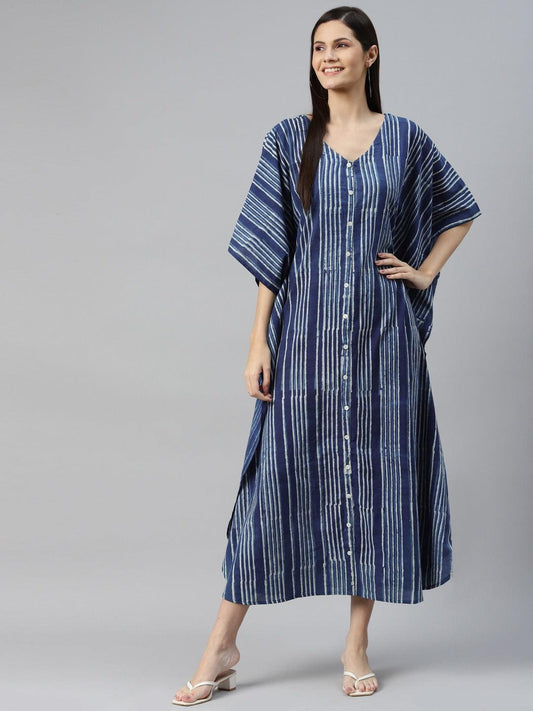 Jamal Jamaloo Blue Hand Block Printed Striped Kaftan Dress - Jamal Jamaloo