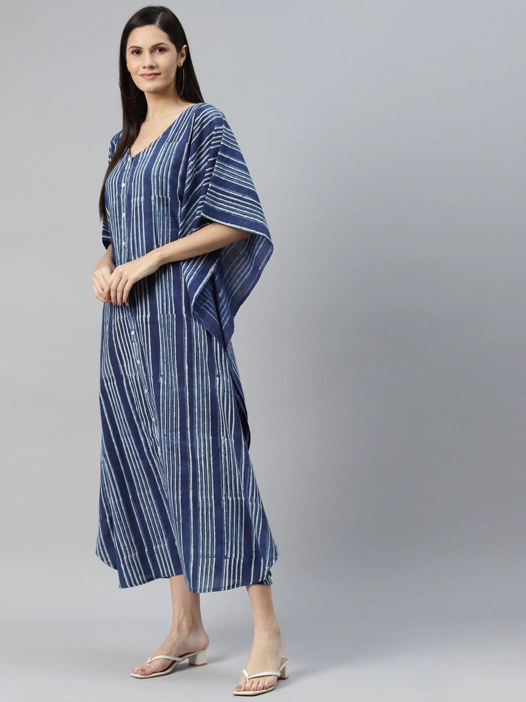 Jamal Jamaloo Blue Hand Block Printed Striped Kaftan Dress - Jamal Jamaloo