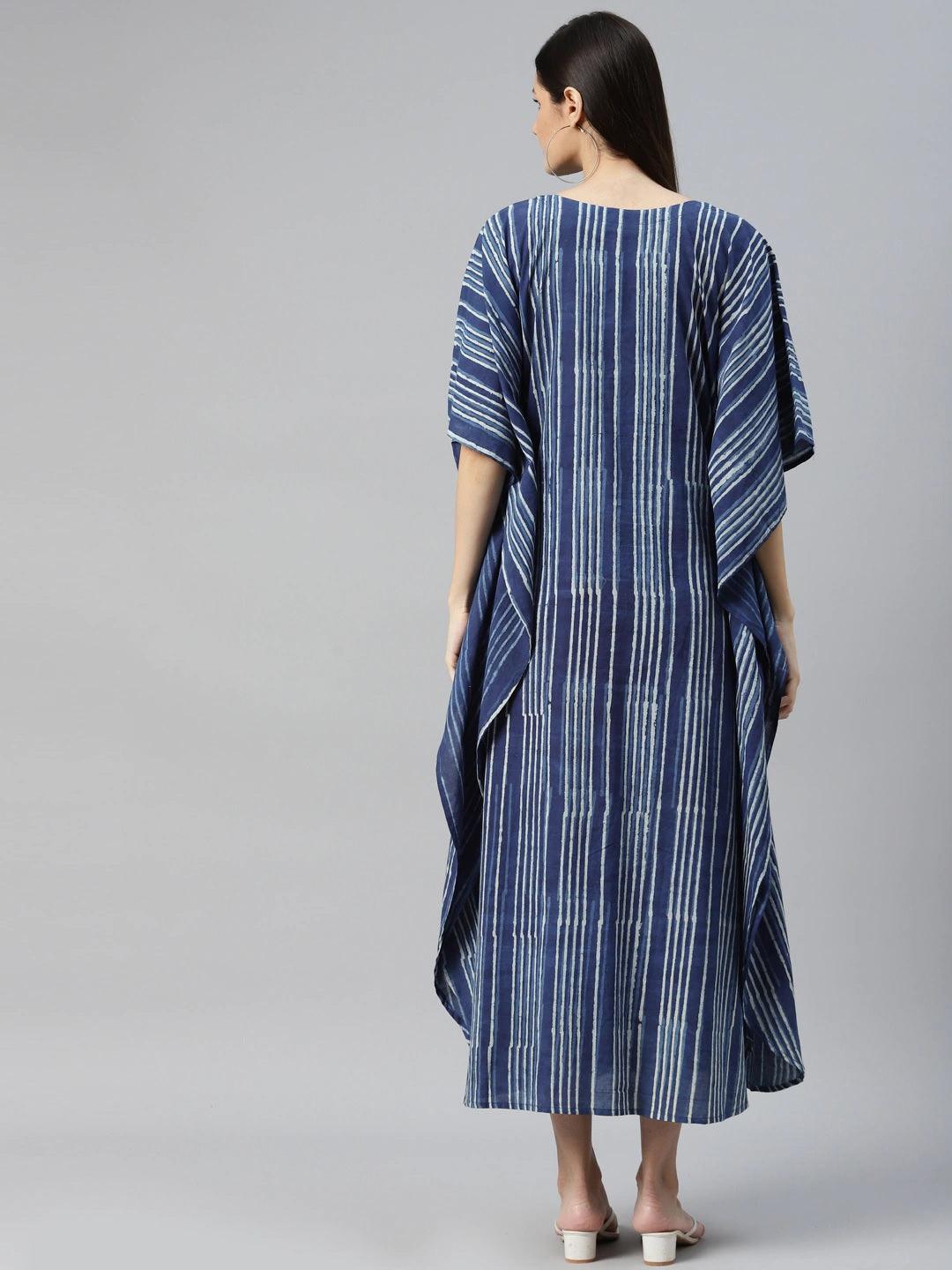 Jamal Jamaloo Blue Hand Block Printed Striped Kaftan Dress - Jamal Jamaloo