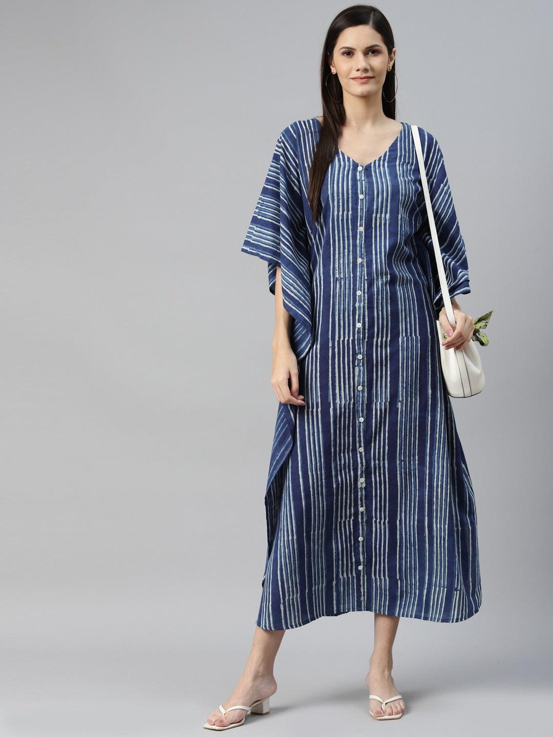 Jamal Jamaloo Blue Hand Block Printed Striped Kaftan Dress - Jamal Jamaloo