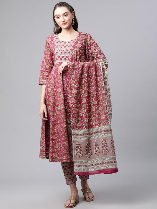 Jamal Jamaloo Purple Cotton Anarkali Kurta Pant Set with Dupatta - Jamal Jamalooworld.com