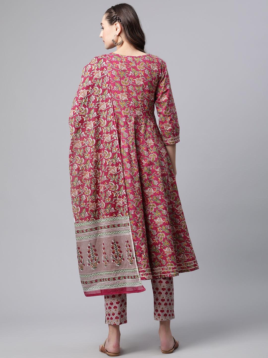 Jamal Jamaloo Purple Cotton Anarkali Kurta Pant Set with Dupatta - Jamal Jamalooworld.com