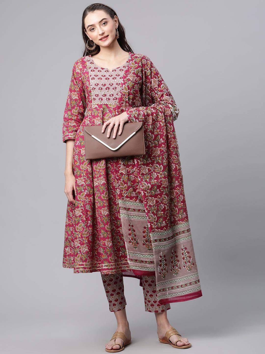 Jamal Jamaloo Purple Cotton Anarkali Kurta Pant Set with Dupatta - Jamal Jamalooworld.com