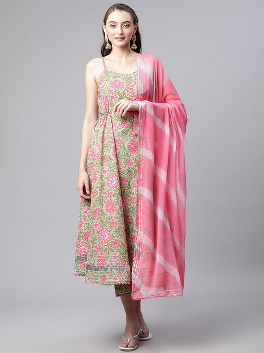 Jamal Jamaloo Green Floral Printed Anarkali Kurta Pant Set with Dupatta - Jamal Jamalooworld.com