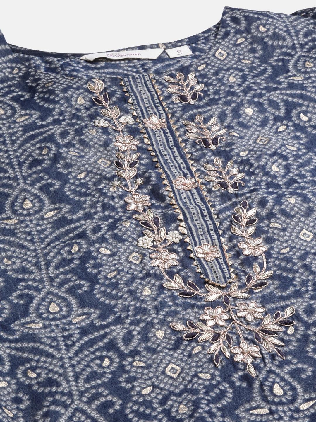 Jamal Jamaloo Blue Bandhani Print Chanderi Kurta pant set With Dupatta - Jamal Jamalooworld.com