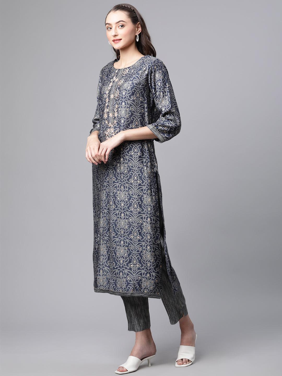 Jamal Jamaloo Blue Bandhani Print Chanderi Kurta pant set With Dupatta - Jamal Jamalooworld.com