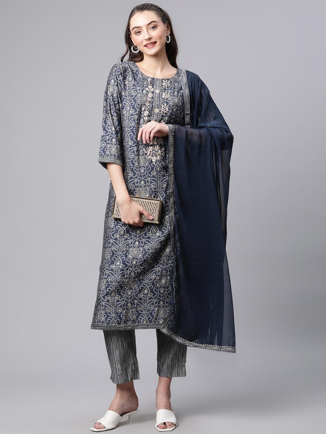 Jamal Jamaloo Blue Bandhani Print Chanderi Kurta pant set With Dupatta - Jamal Jamalooworld.com
