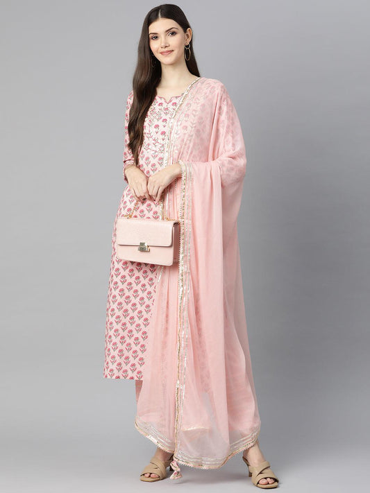 Jamal Jamaloo Pink Cotton Straight Kurta Pant Set With Dupatta - Jamal Jamaloo