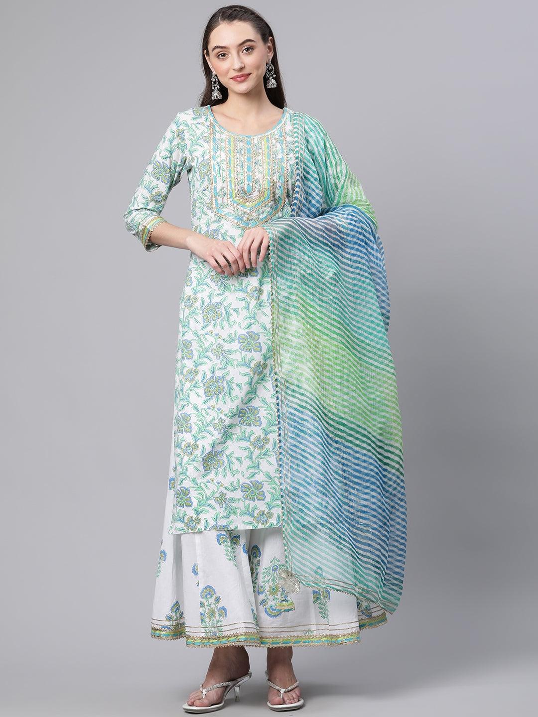 Jamal Jamaloo White Floral Printed Kurta Palazzo set with Dupatta - Jamal Jamalooworld.com