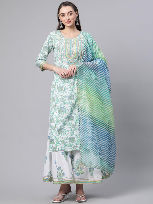 Jamal Jamaloo White Floral Printed Kurta Palazzo set with Dupatta - Jamal Jamalooworld.com
