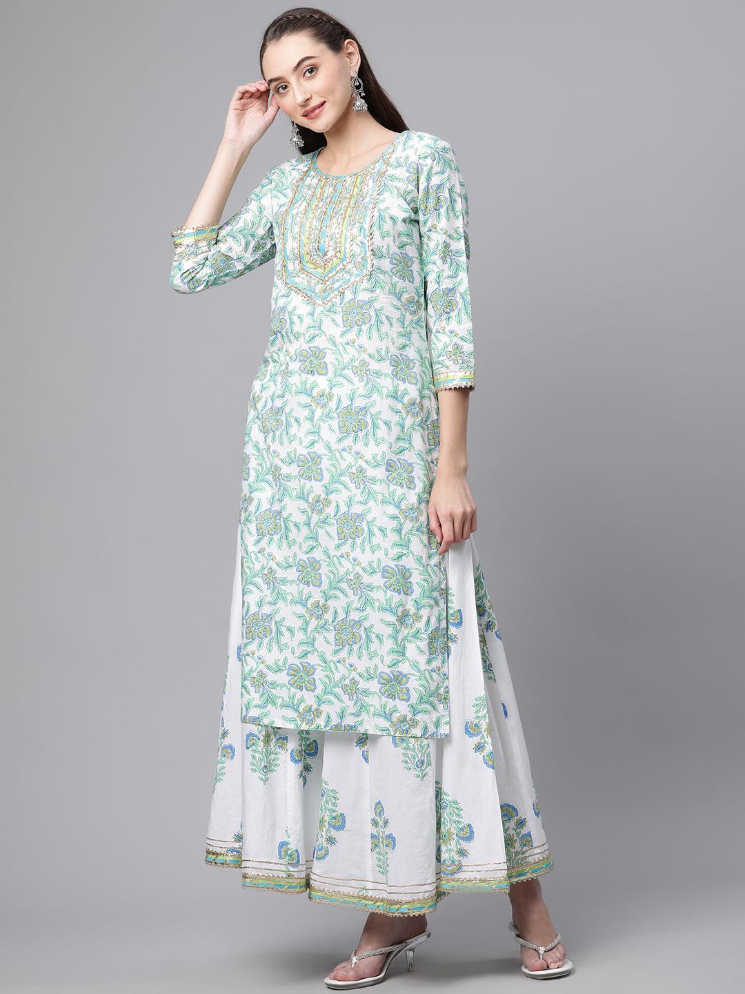 Jamal Jamaloo White Floral Printed Kurta Palazzo set with Dupatta - Jamal Jamalooworld.com