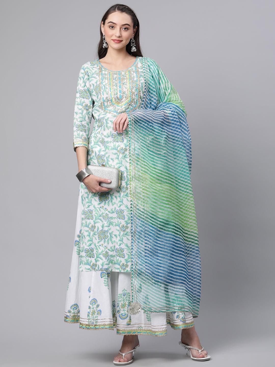 Jamal Jamaloo White Floral Printed Kurta Palazzo set with Dupatta - Jamal Jamalooworld.com