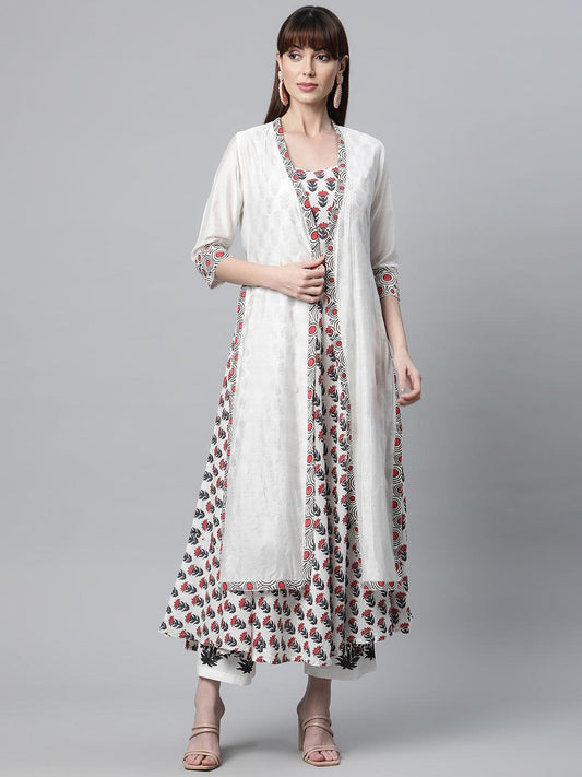 Jamal Jamaloo White Floral Kurta Pant Set with Chanderi Shurg - Jamal Jamaloo