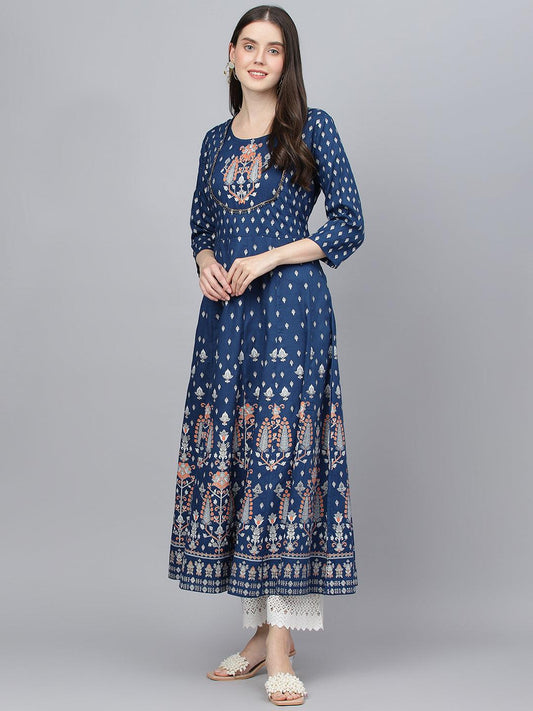 Jamal Jamaloo Indigo Ethnic Motif Rayon Anarkali Kurta - Jamal Jamaloo