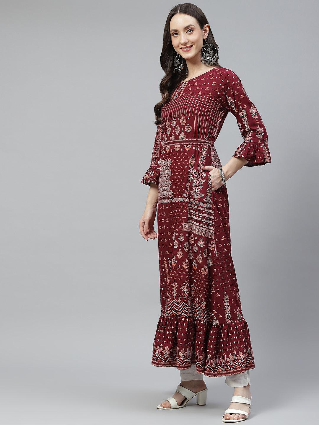 Jamal Jamaloo Maroon Rayon A-line Kurta with Belt - Jamal Jamaloo