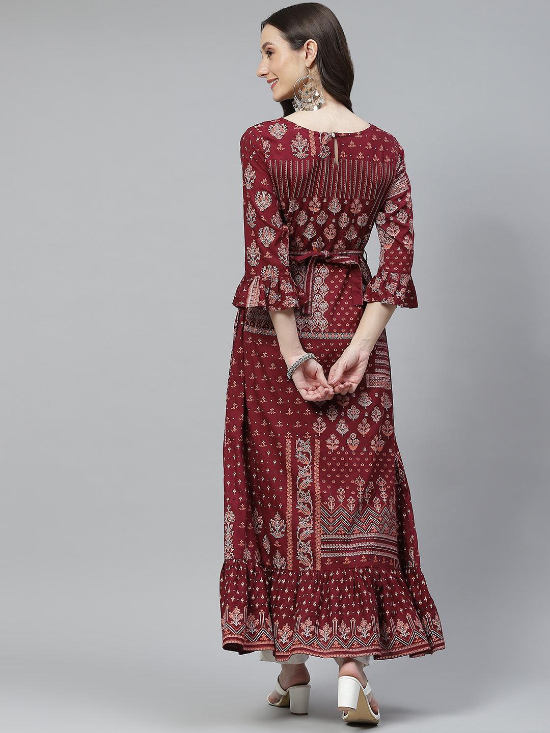 Jamal Jamaloo Maroon Rayon A-line Kurta with Belt - Jamal Jamaloo