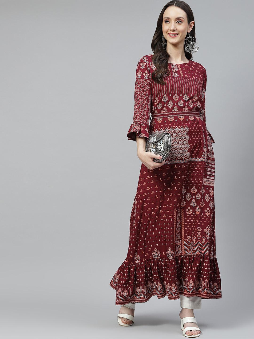 Jamal Jamaloo Maroon Rayon A-line Kurta with Belt - Jamal Jamaloo