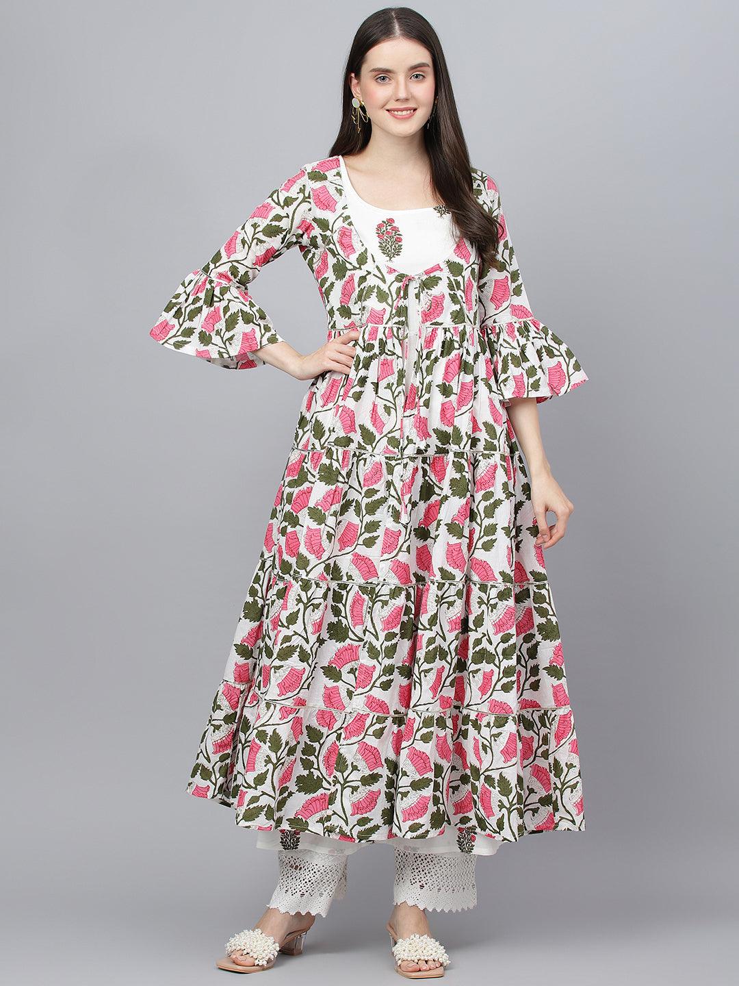 Jamal Jamaloo White Floral Cotton Anarkali Kurta with Jacket - Jamal Jamaloo