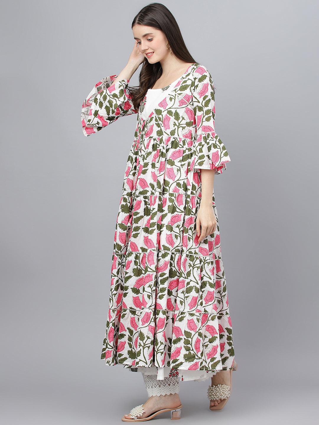 Jamal Jamaloo White Floral Cotton Anarkali Kurta with Jacket - Jamal Jamaloo