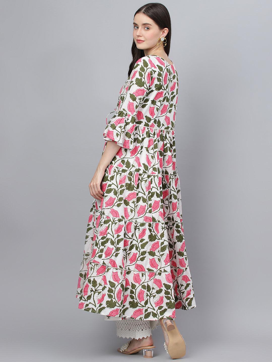Jamal Jamaloo White Floral Cotton Anarkali Kurta with Jacket - Jamal Jamaloo
