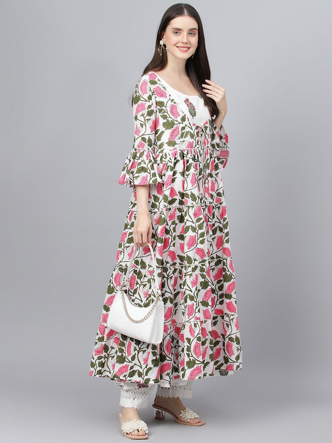 Jamal Jamaloo White Floral Cotton Anarkali Kurta with Jacket - Jamal Jamaloo