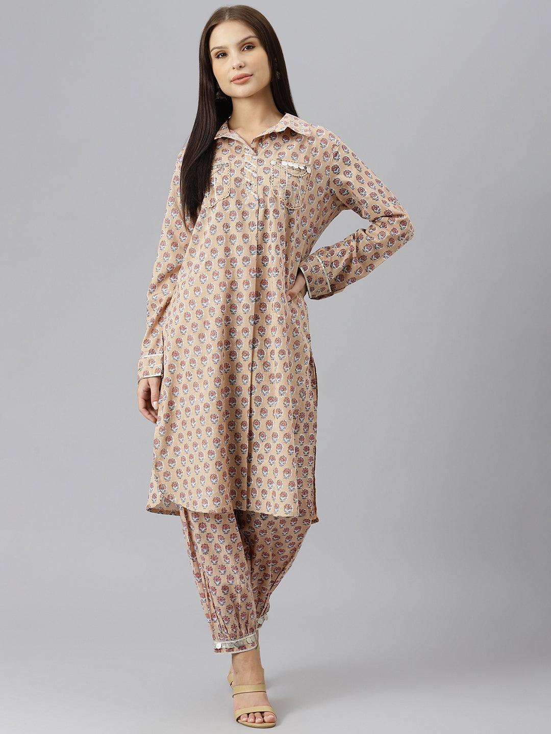 Jamal Jamaloo Beige Cotton Shirt Style Kurta Hem Cuffed Pant Co-ord Set - Jamal Jamaloo