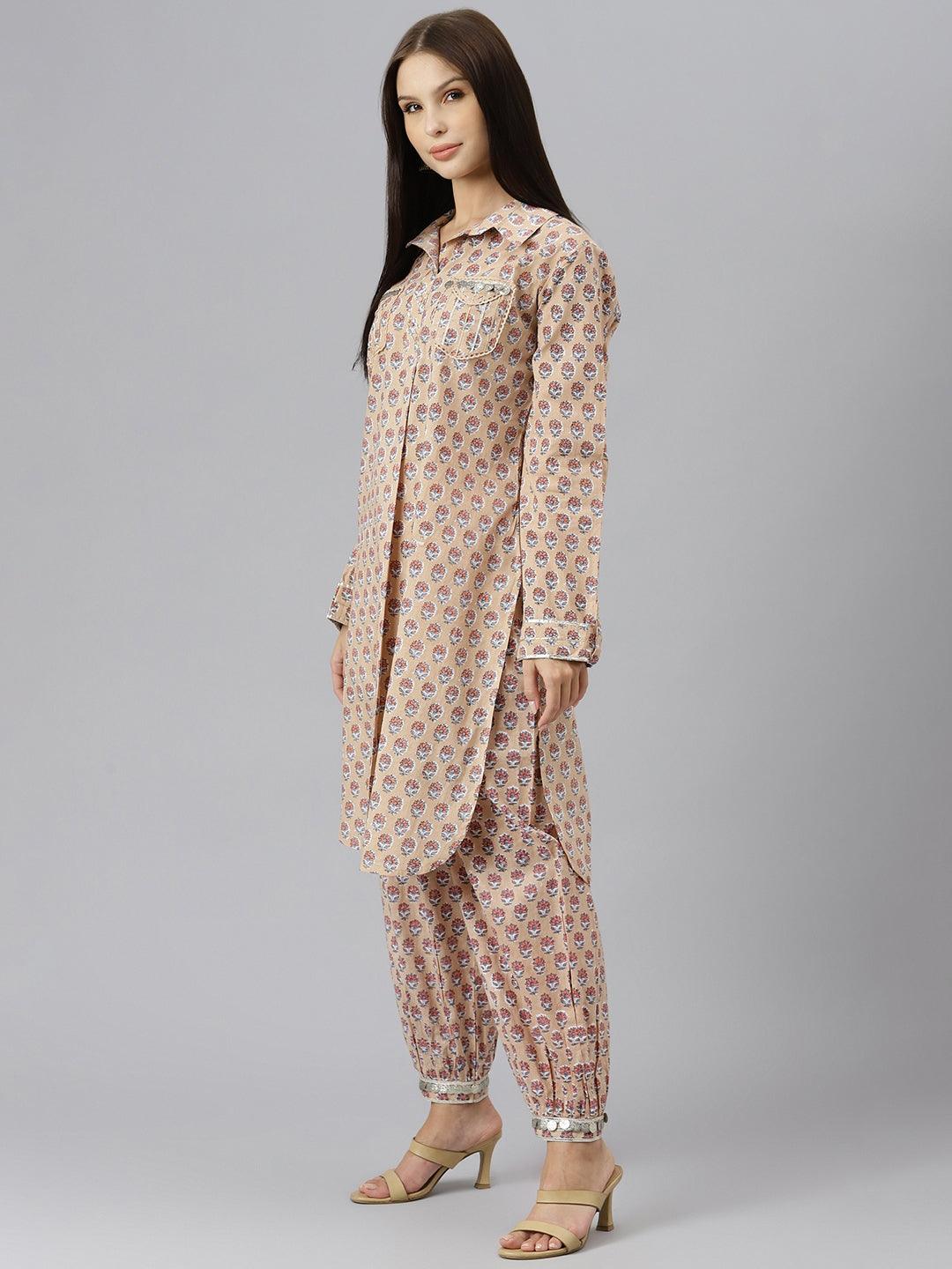 Jamal Jamaloo Beige Cotton Shirt Style Kurta Hem Cuffed Pant Co-ord Set - Jamal Jamaloo