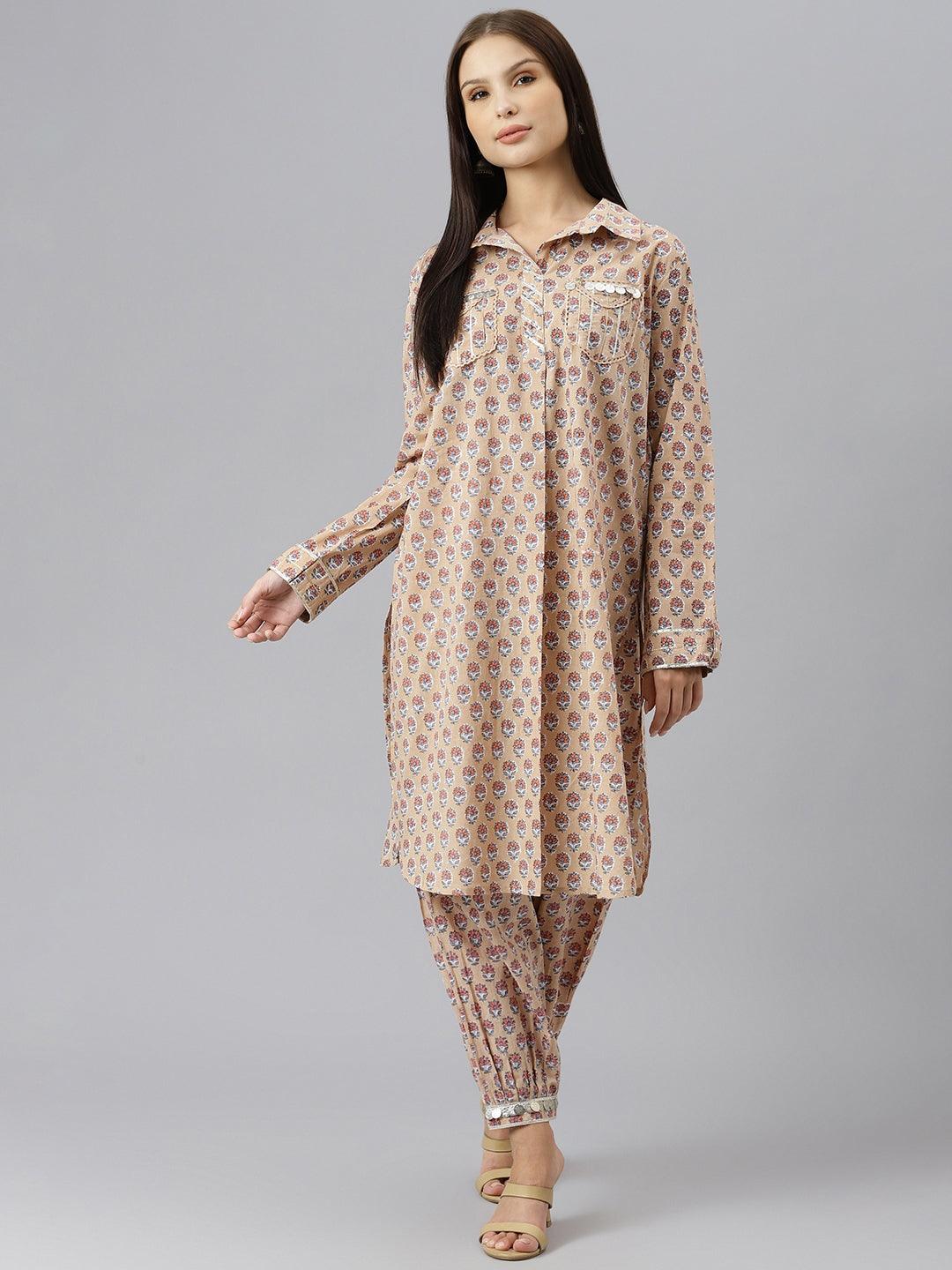 Jamal Jamaloo Beige Cotton Shirt Style Kurta Hem Cuffed Pant Co-ord Set - Jamal Jamaloo