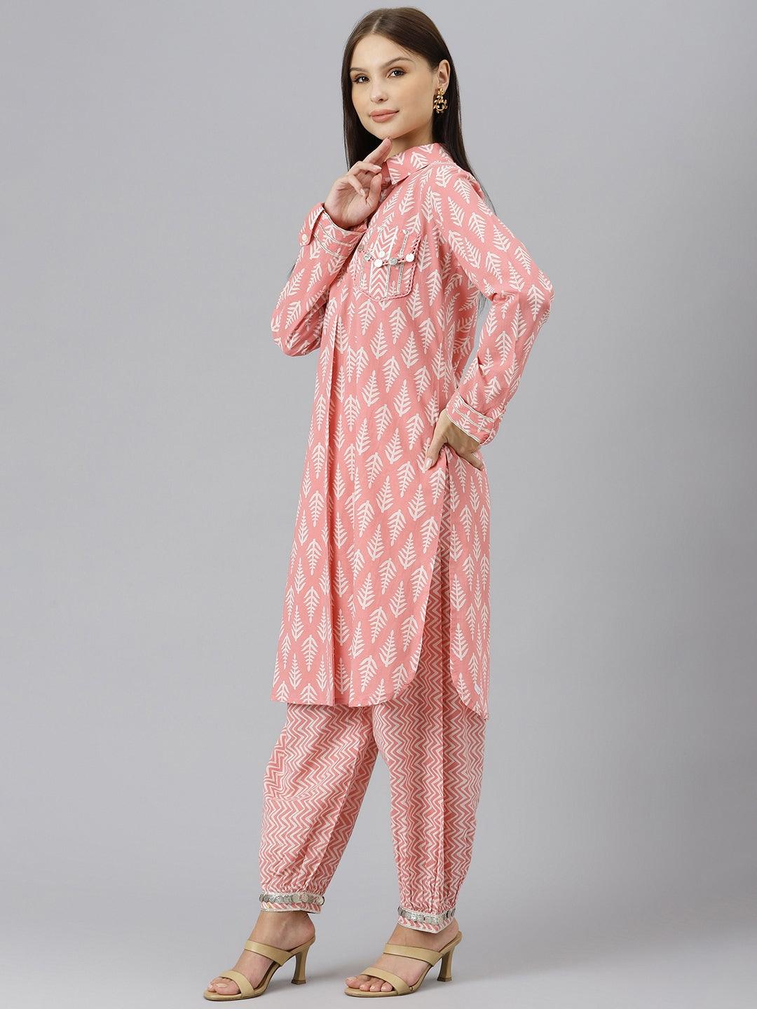 Jamal Jamaloo Pink Cotton Shirt Style Kurta Hem Cuffed Pant Co-ord Set - Jamal Jamaloo