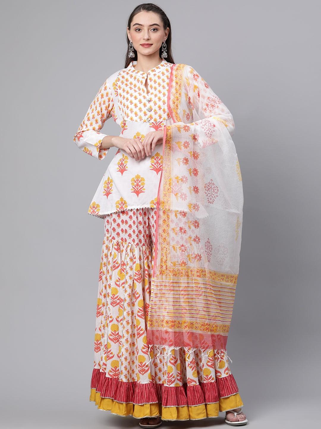 Jamal Jamaloo Yellow White Peplum Top Sharara Set with Dupatta - Jamal Jamalooworld.com