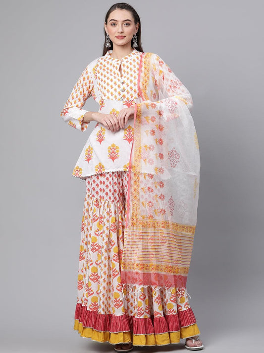 Jamal Jamaloo Yellow White Peplum Top Sharara Set with Dupatta - Jamal Jamalooworld.com