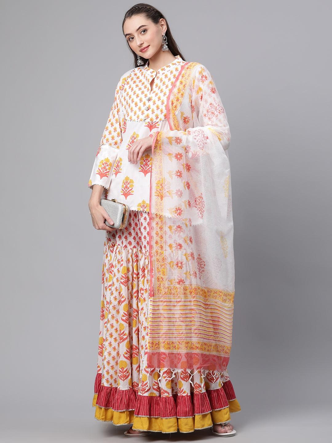 Jamal Jamaloo Yellow White Peplum Top Sharara Set with Dupatta - Jamal Jamalooworld.com