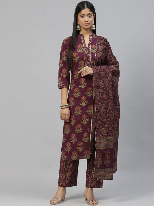 Jamal Jamaloo Purple Cotton Straight Kurta Pant Set with Dupatta - Jamal Jamaloo