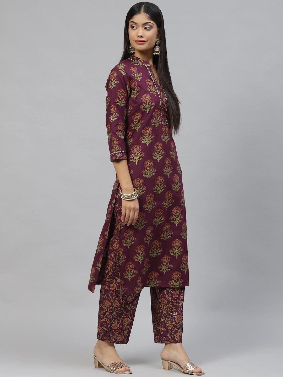 Jamal Jamaloo Purple Cotton Straight Kurta Pant Set with Dupatta - Jamal Jamaloo