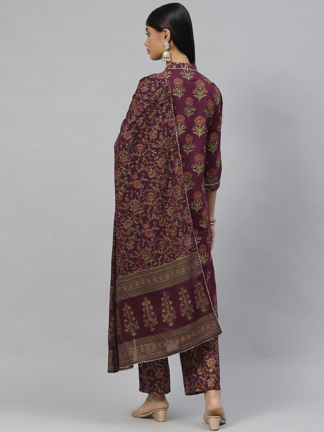 Jamal Jamaloo Purple Cotton Straight Kurta Pant Set with Dupatta - Jamal Jamaloo