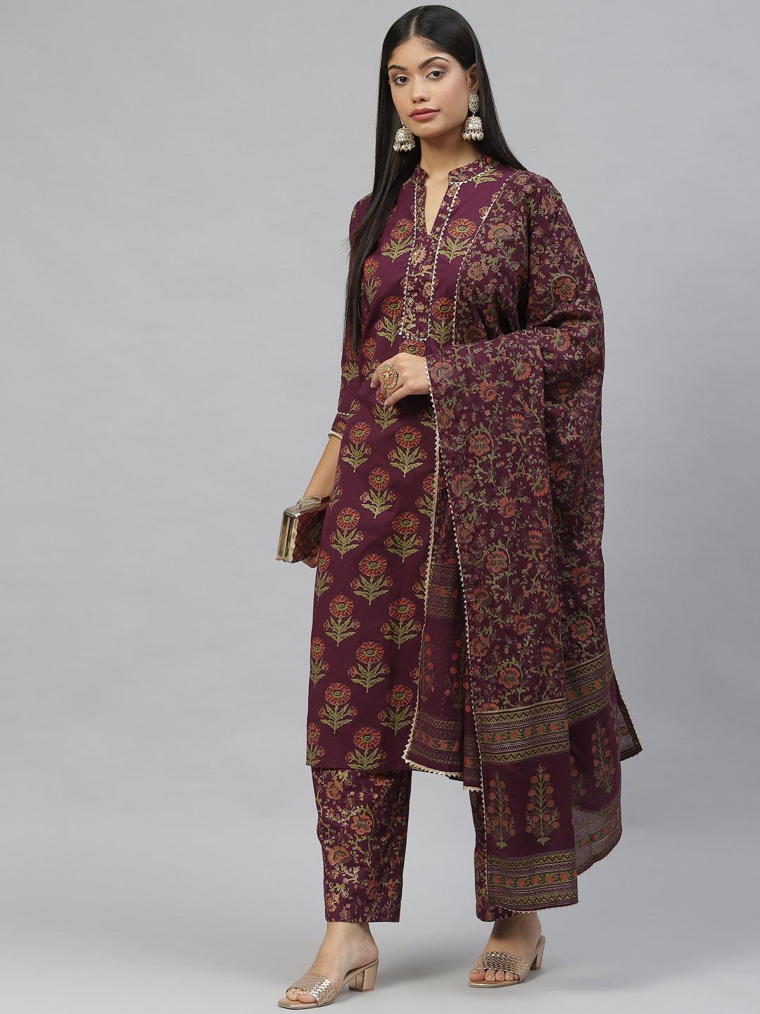 Jamal Jamaloo Purple Cotton Straight Kurta Pant Set with Dupatta - Jamal Jamaloo