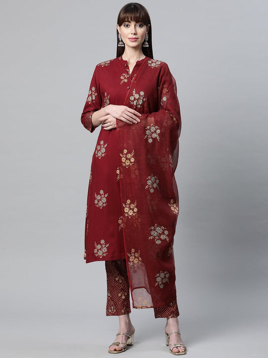 Jamal Jamaloo Maroon Rayon Kurta Pant Set with kota doria Dupatta - Jamal Jamaloo