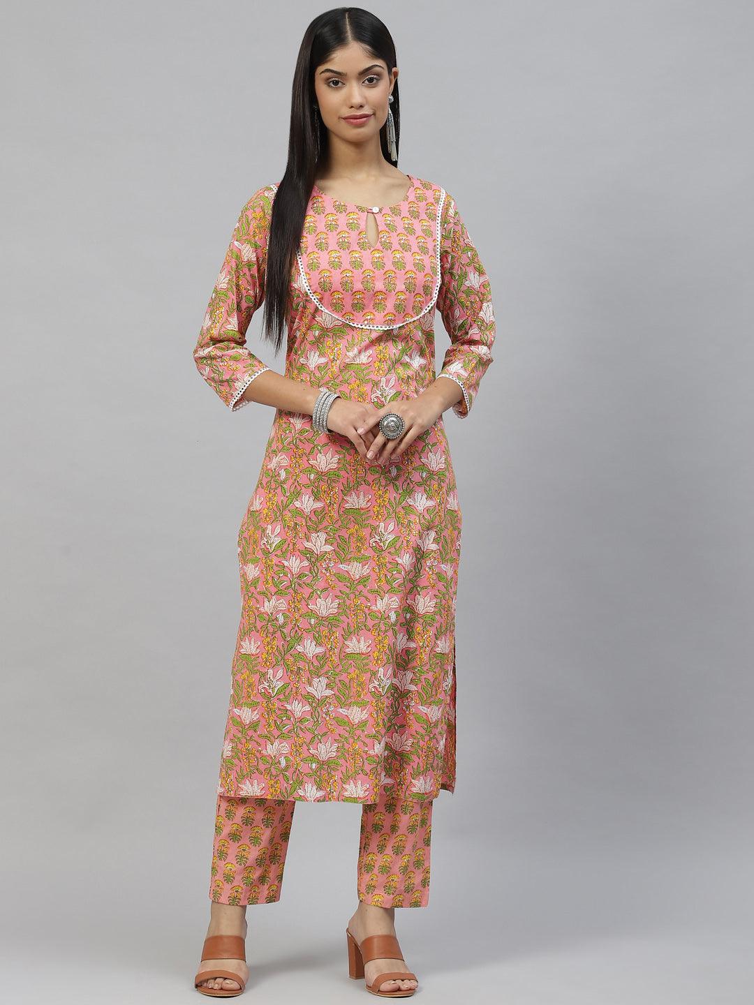 Jamal Jamaloo Pink Floral Cotton Kurta Pant Set - Jamal Jamaloo