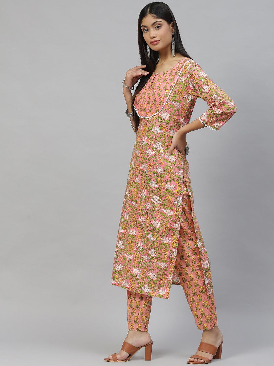 Jamal Jamaloo Pink Floral Cotton Kurta Pant Set - Jamal Jamaloo