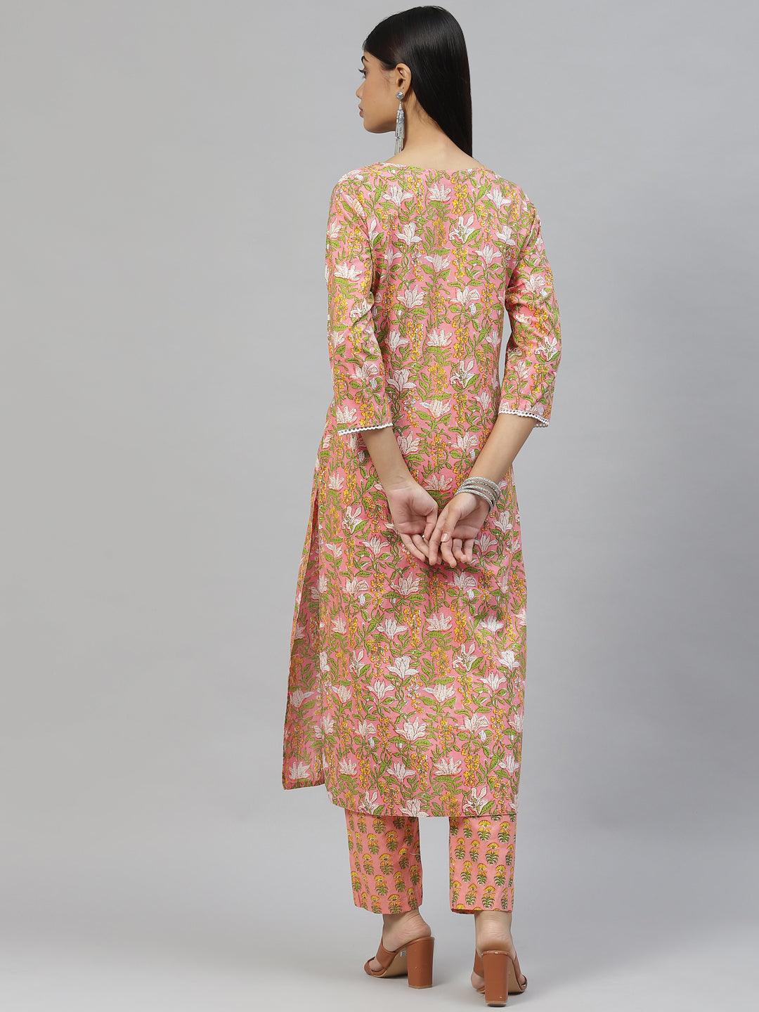 Jamal Jamaloo Pink Floral Cotton Kurta Pant Set - Jamal Jamaloo