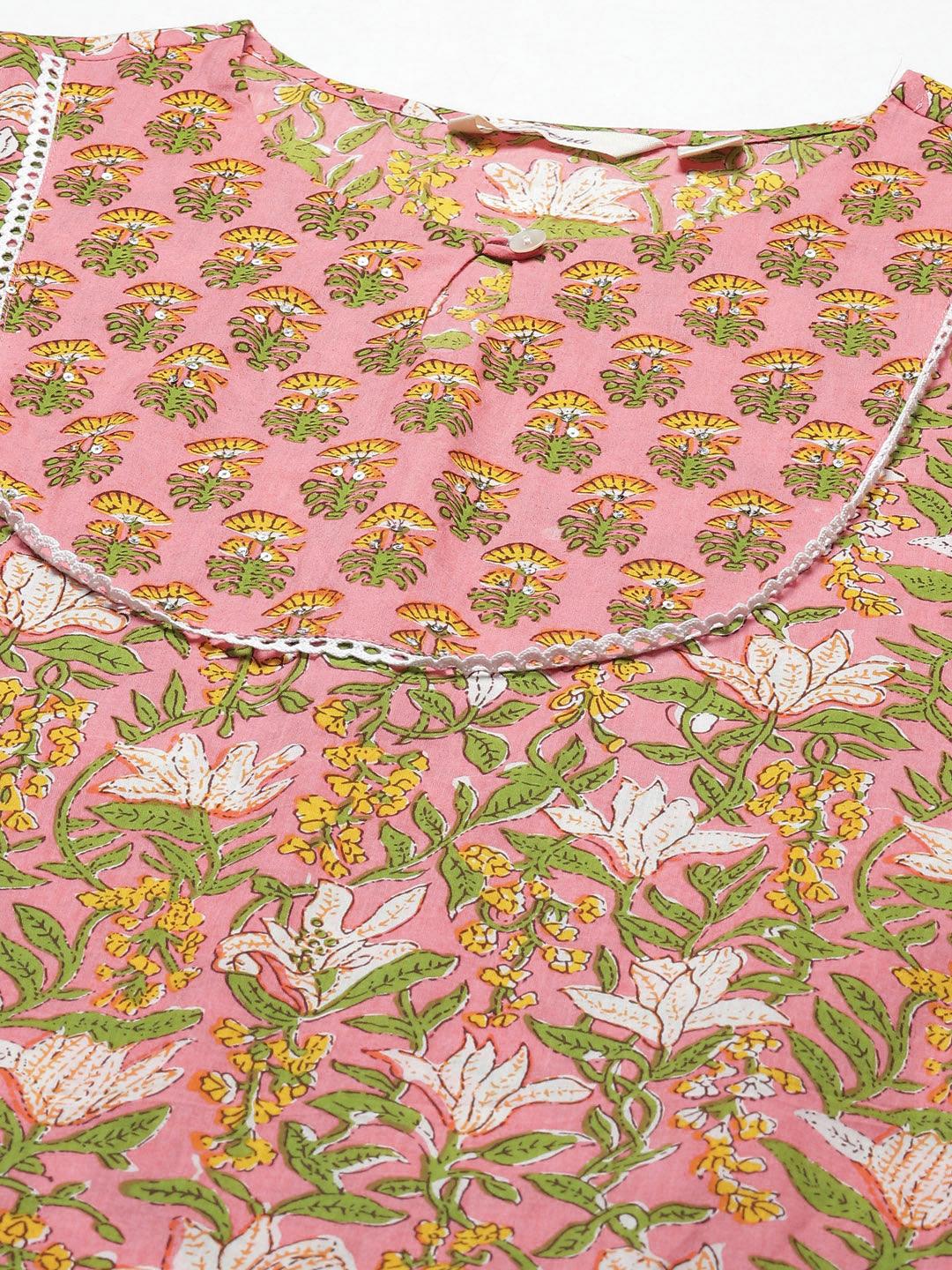 Jamal Jamaloo Pink Floral Cotton Kurta Pant Set - Jamal Jamaloo