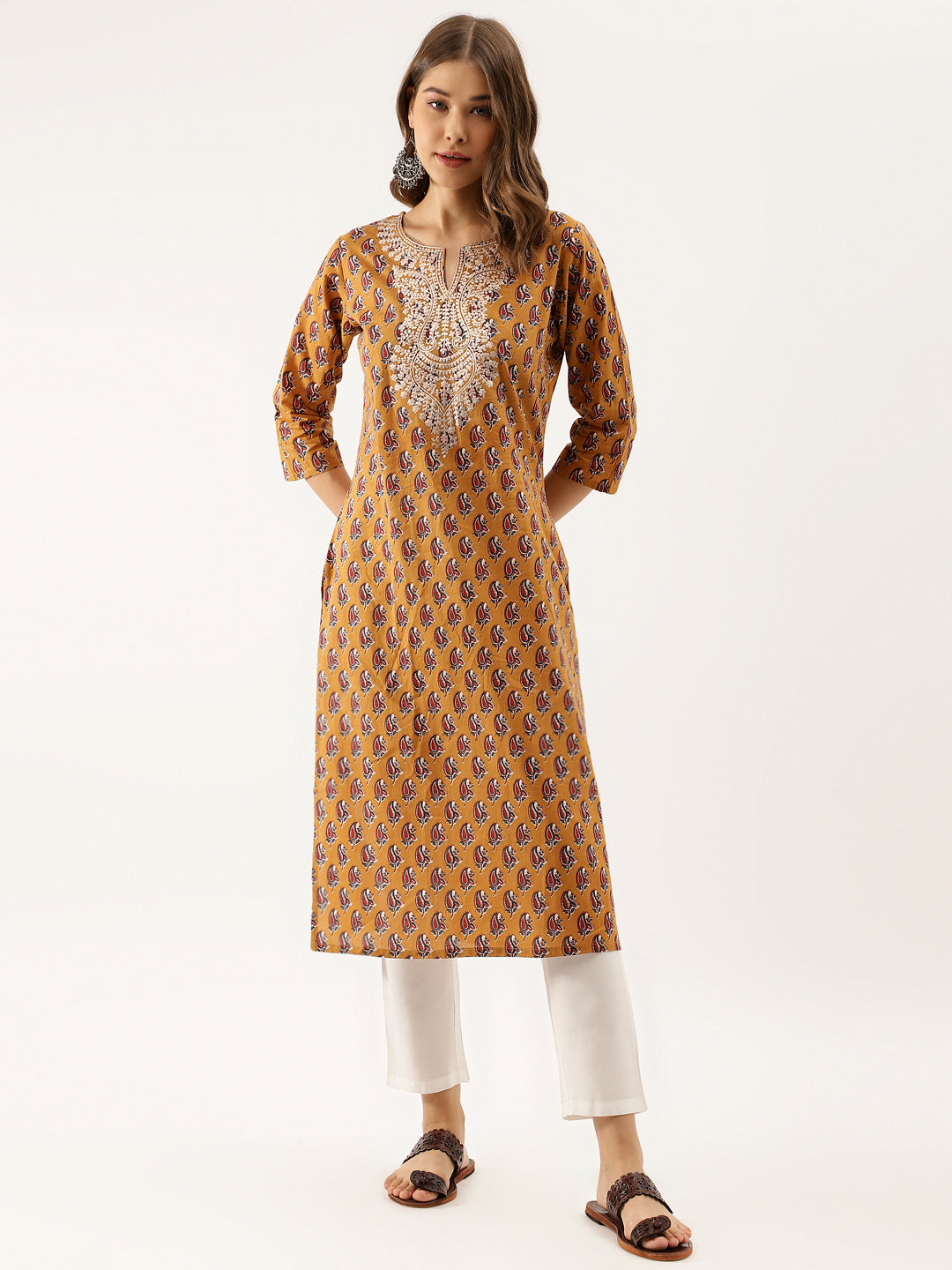 Brown Floral Printed Cotton Zari Work Kurta for Women