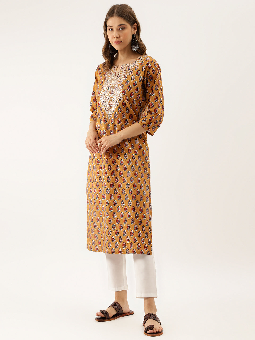 Brown Floral Printed Cotton Zari Work Kurta for Women