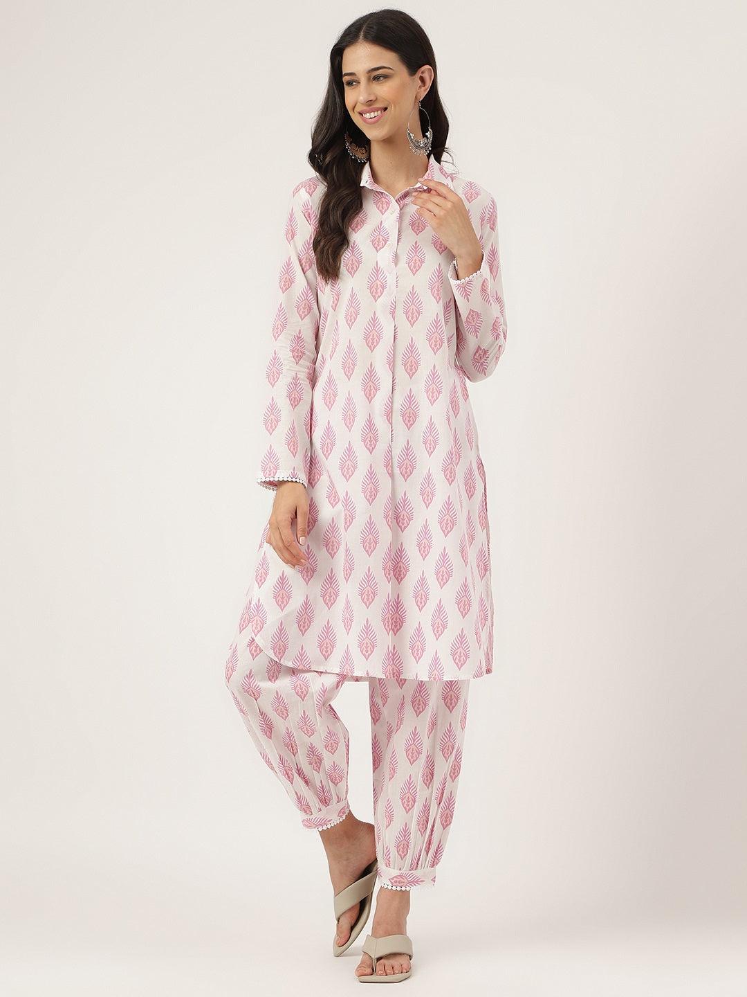 Jamal Jamaloo White Cotton Straight Kurta Hem Cuffed Pant set - Jamal Jamaloo