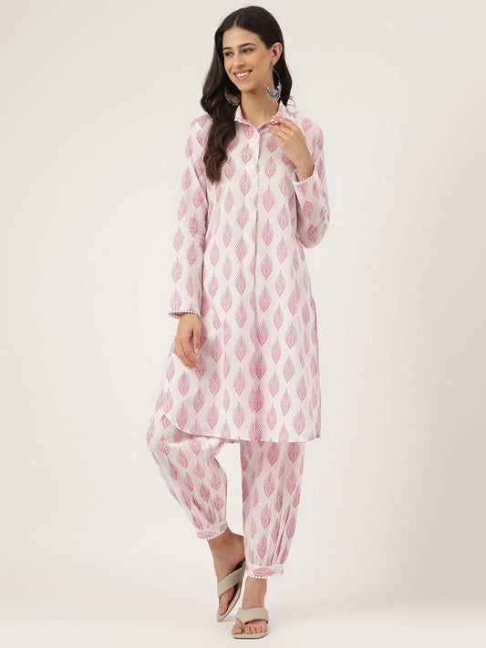 Jamal Jamaloo White Cotton Straight Kurta Hem Cuffed Pant set - Jamal Jamaloo