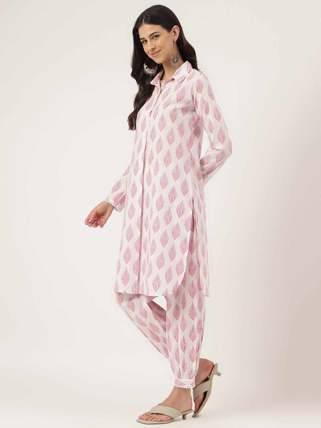 Jamal Jamaloo White Cotton Straight Kurta Hem Cuffed Pant set - Jamal Jamaloo
