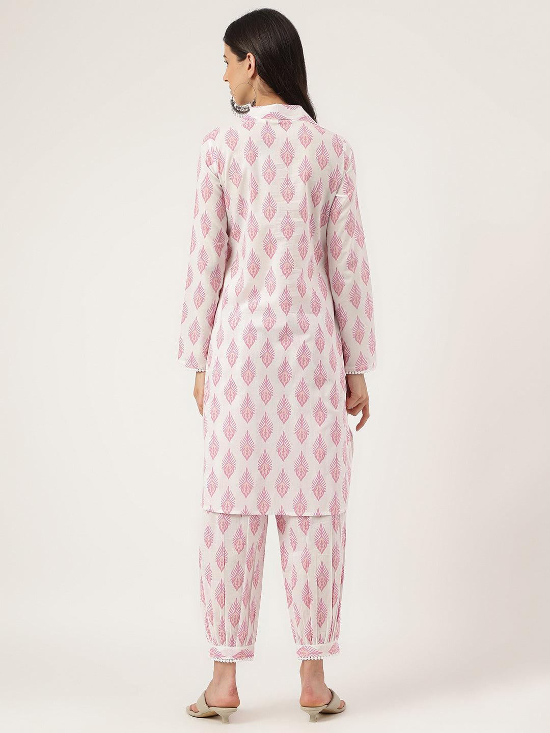 Jamal Jamaloo White Cotton Straight Kurta Hem Cuffed Pant set - Jamal Jamaloo