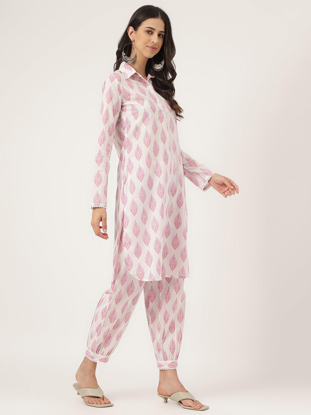 Jamal Jamaloo White Cotton Straight Kurta Hem Cuffed Pant set - Jamal Jamaloo