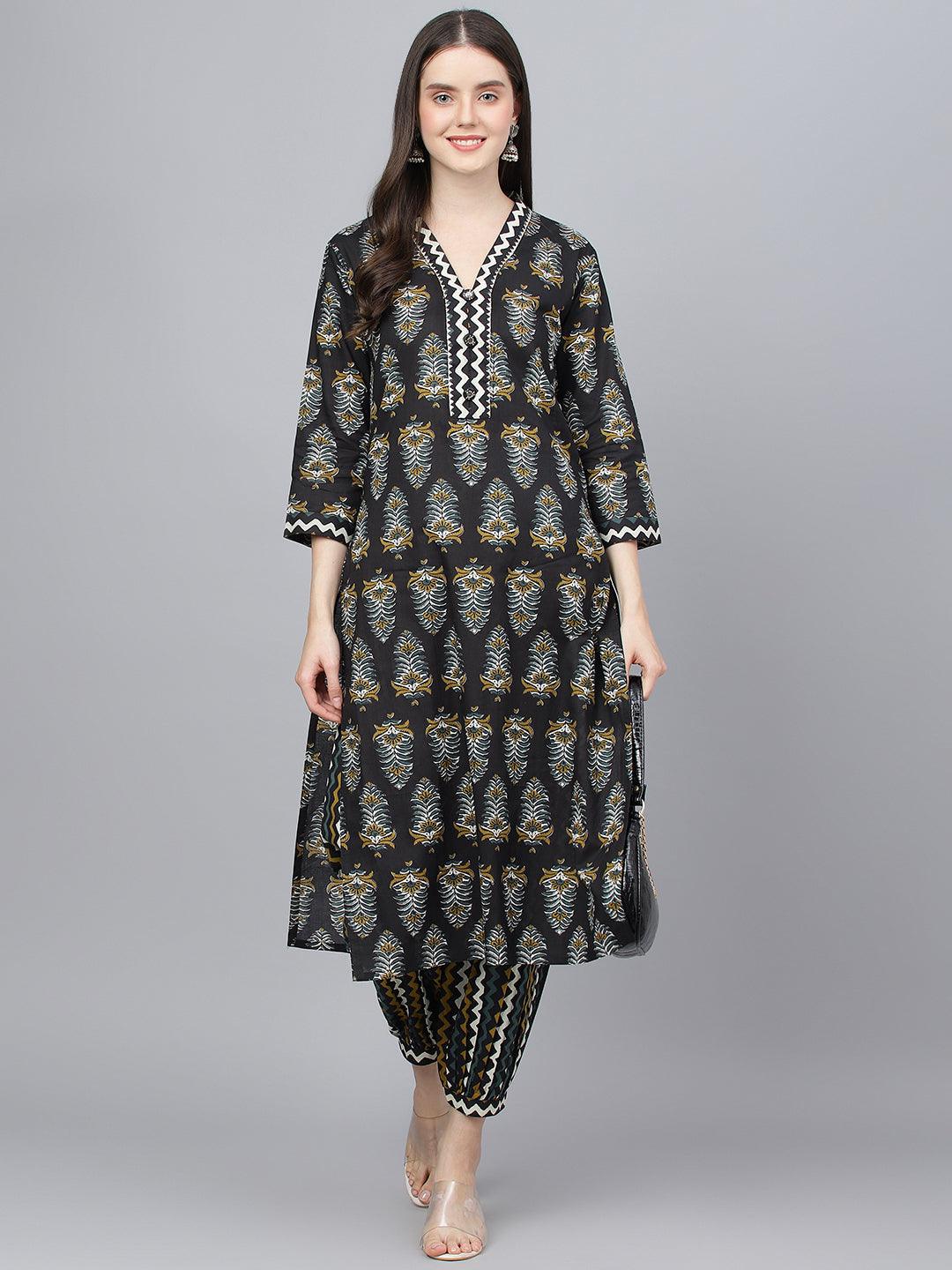 Jamal Jamaloo Black Cotton Straight Kurta Hem Cuffed Pant set - Jamal Jamaloo